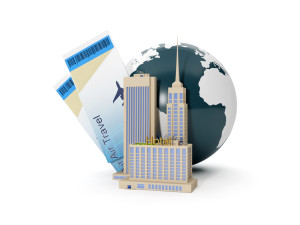 3d illustration: World Tour. The group of buildings and suitcase
